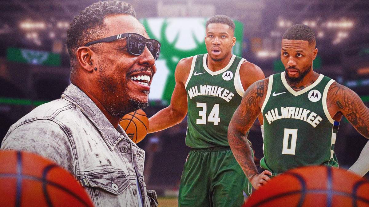 Paul Pierce with Milwaukee Bucks stars Giannis Antetokounmpo and Damian Lillard in front of the Fiserv Forum.