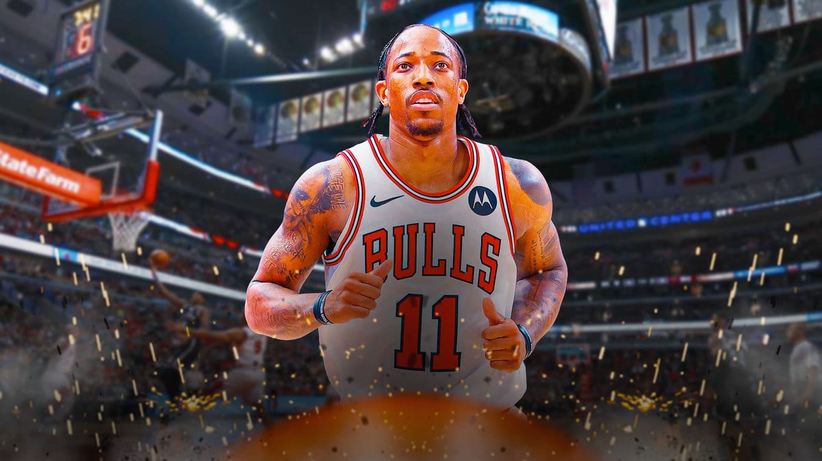 DeMar DeRozan with the Bulls arena in the background