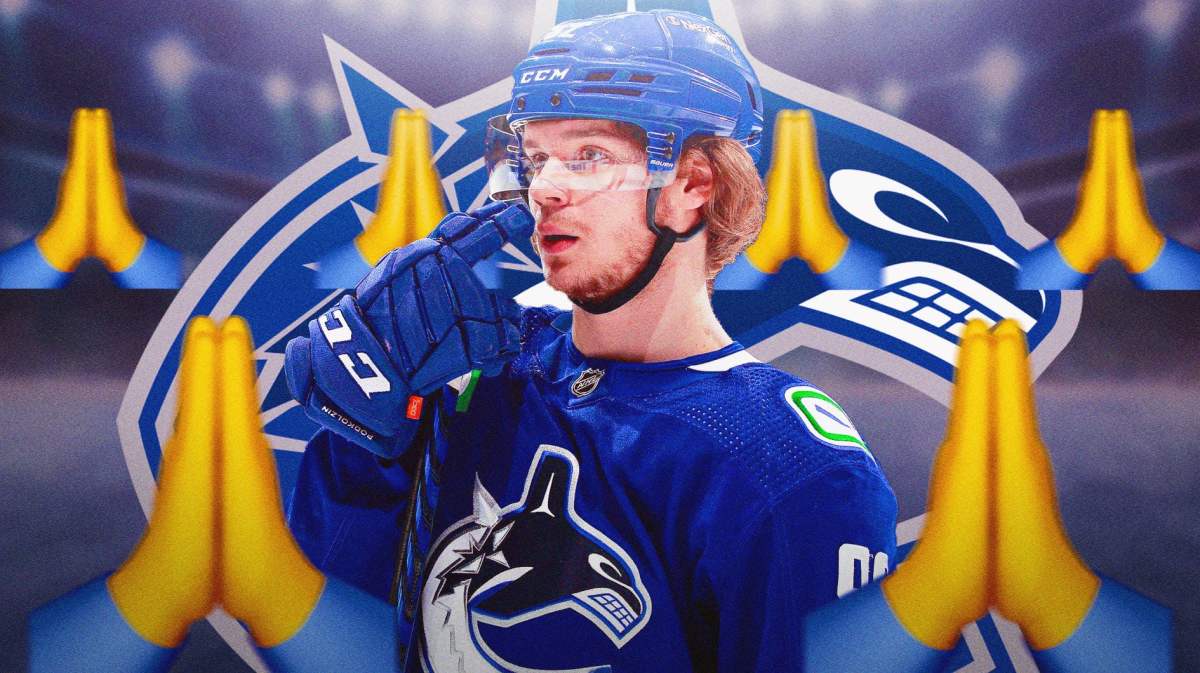 Image: Vasily Podkolzin in middle of image looking stern, praying emojis in image, VAN Canucks logo, hockey rink