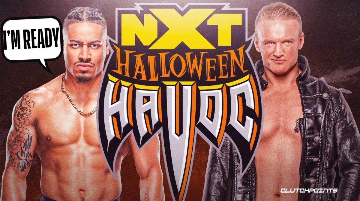 Carmelo Hayes with a text bubble reading “I’m ready” next to Ilja Dragunov with the NXT Halloween Havoc logo as the background.