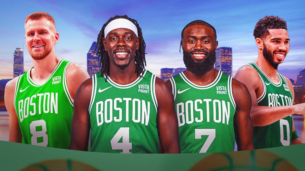 Boston Celtics players Jaylen Brown, Jrue Holiday, and Kristaps Porzingis ahead of the season.