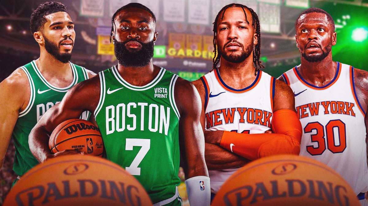Celtics Jayson Tatum and Jaylen Brown looking at the KNicks ahead of season opener.