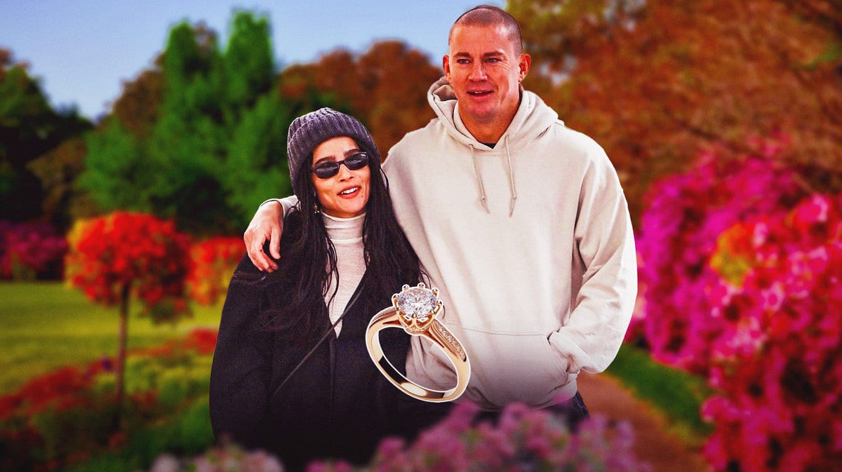 Channing Tatum, Zoë Kravitz smiling with a ring in between them