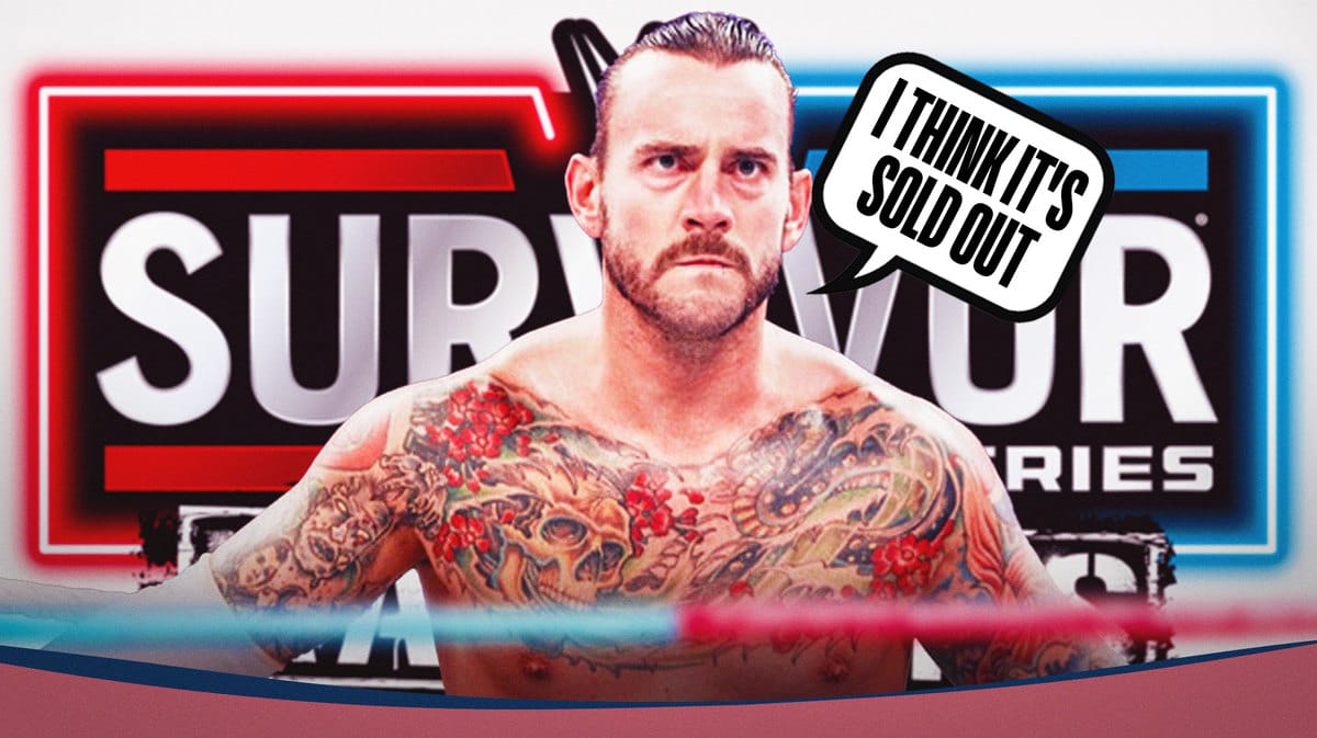 CM Punk with a text bubble reading “I think it's sold out” in front of a white background with the WWE Survivor Series logo as the background.