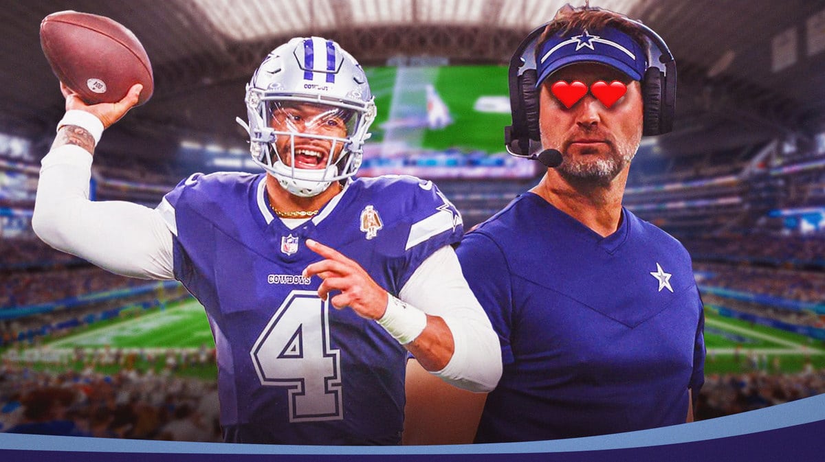Brian Schottenheimer with heart eyes looking at Dak Prescott.