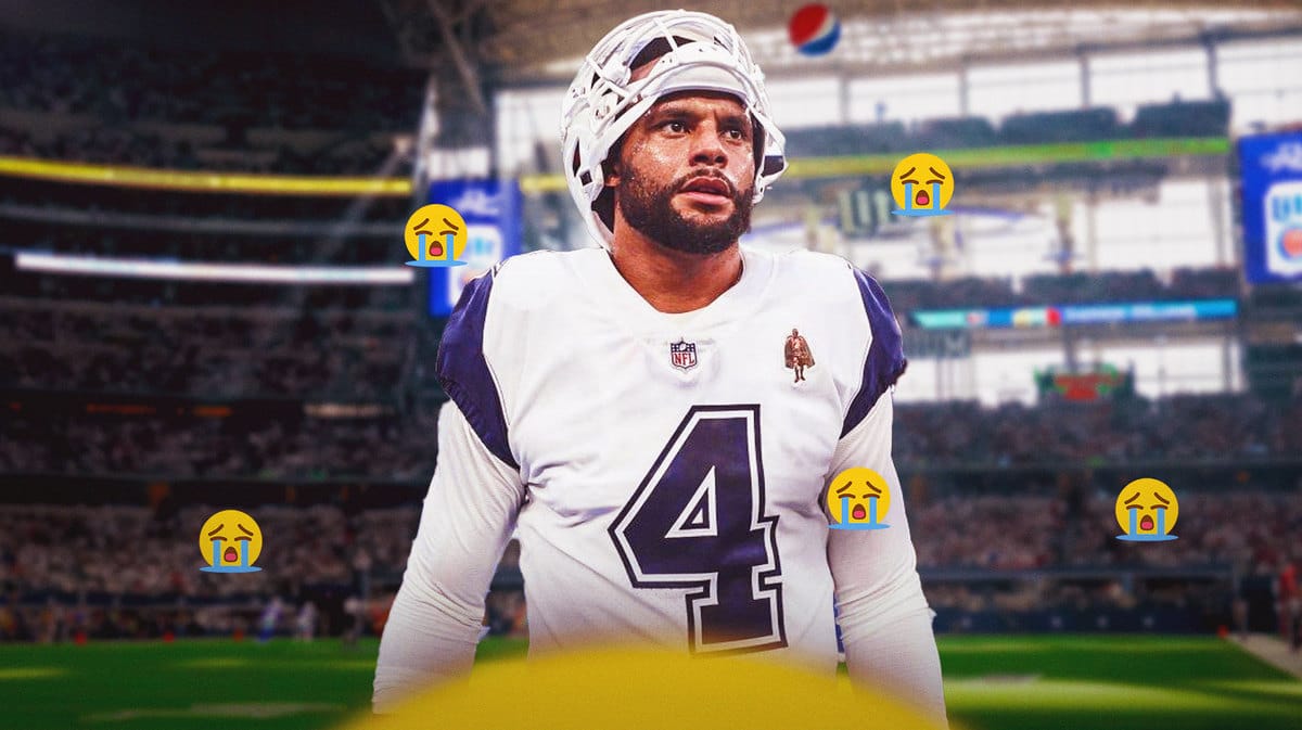 Cowboys quarterback Dak Prescott surrounded by crying emojis.
