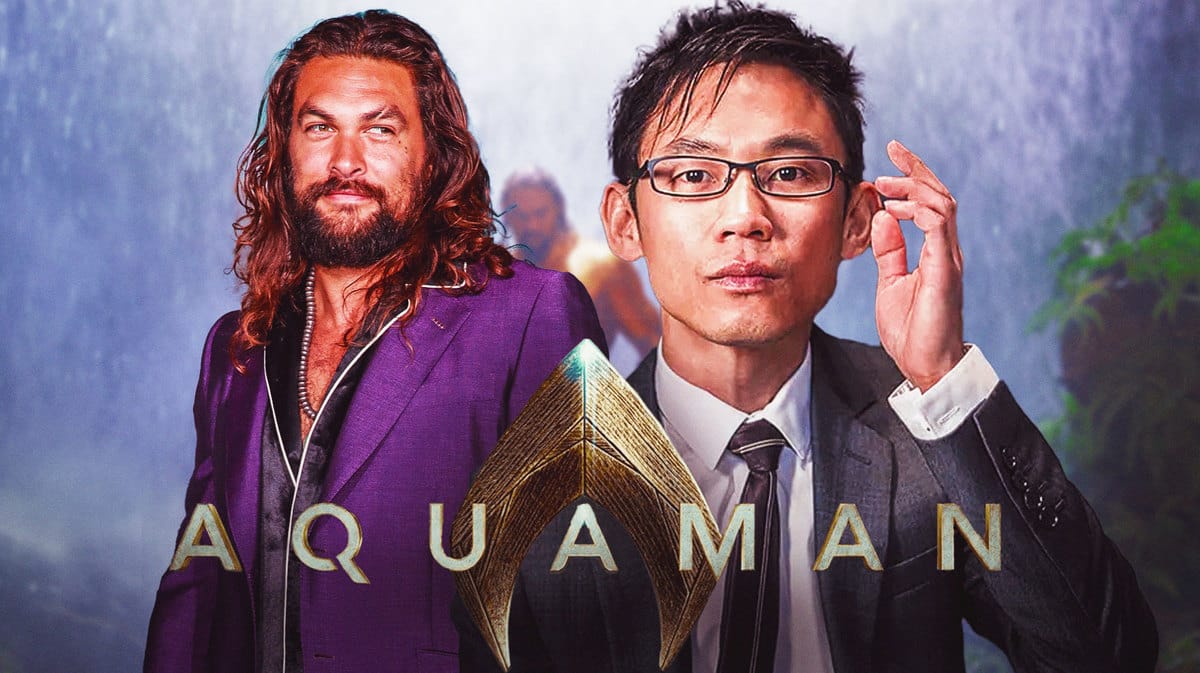 James Wan and Jason Momoa with Aquaman text.