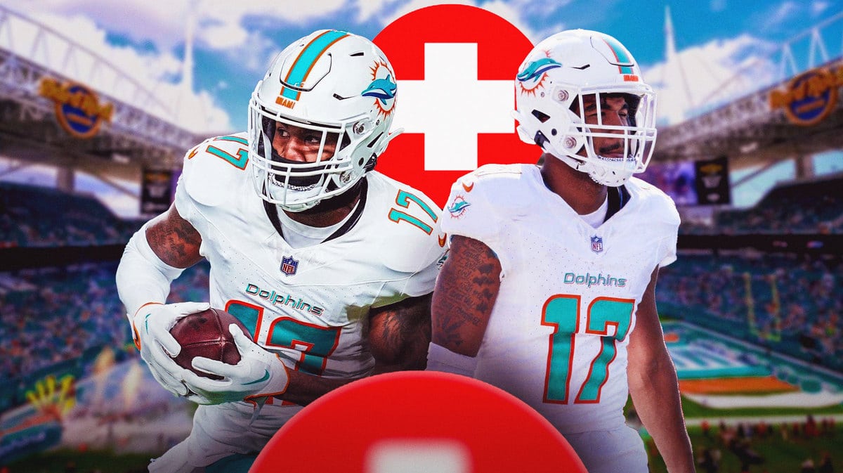 Miami Dolphins WR Jaylen Waddle with the medical cross symbol in the background.