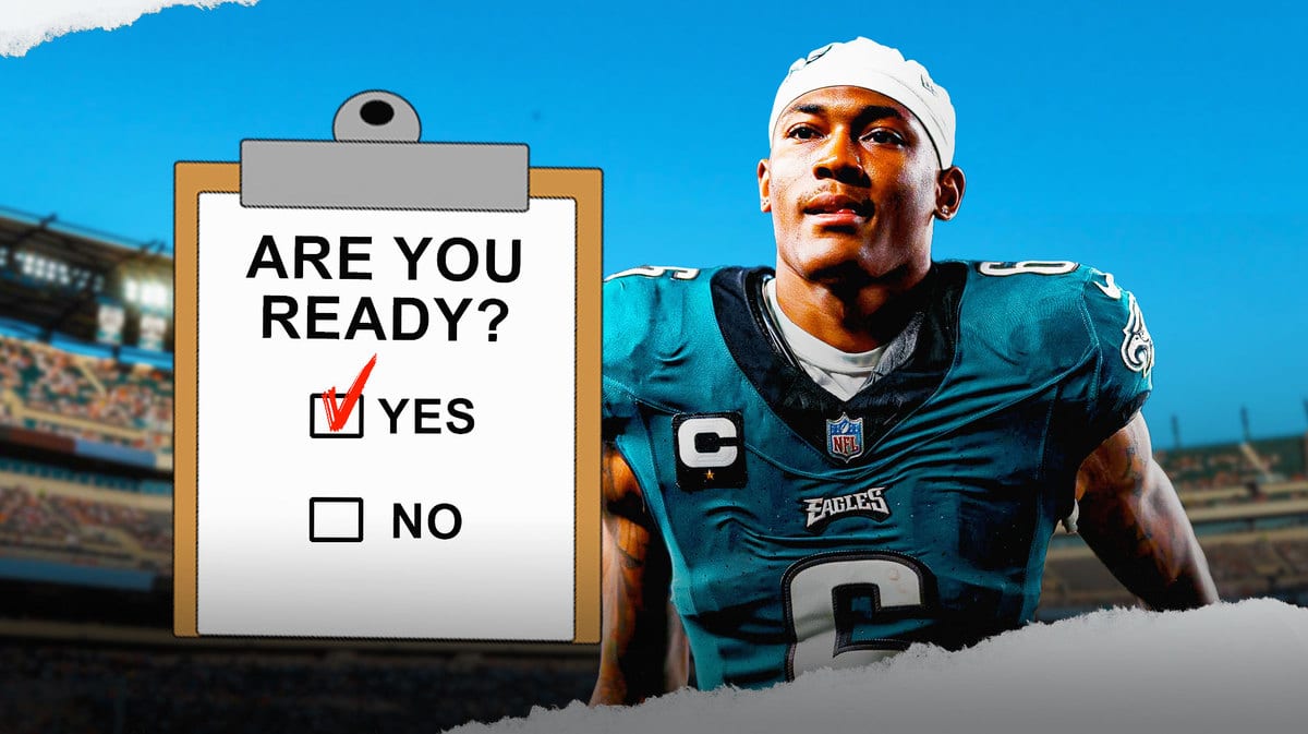 Philadelphia Eagles' DeVonta Smith and an image with “Ready” and a checkmark indicating “Yes” to show he will play on Sunday