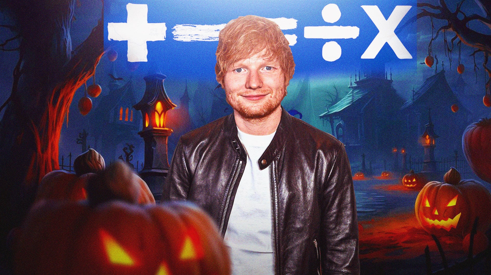 Ed Sheeran and the Mathematics Tour logo in front of Halloween background.