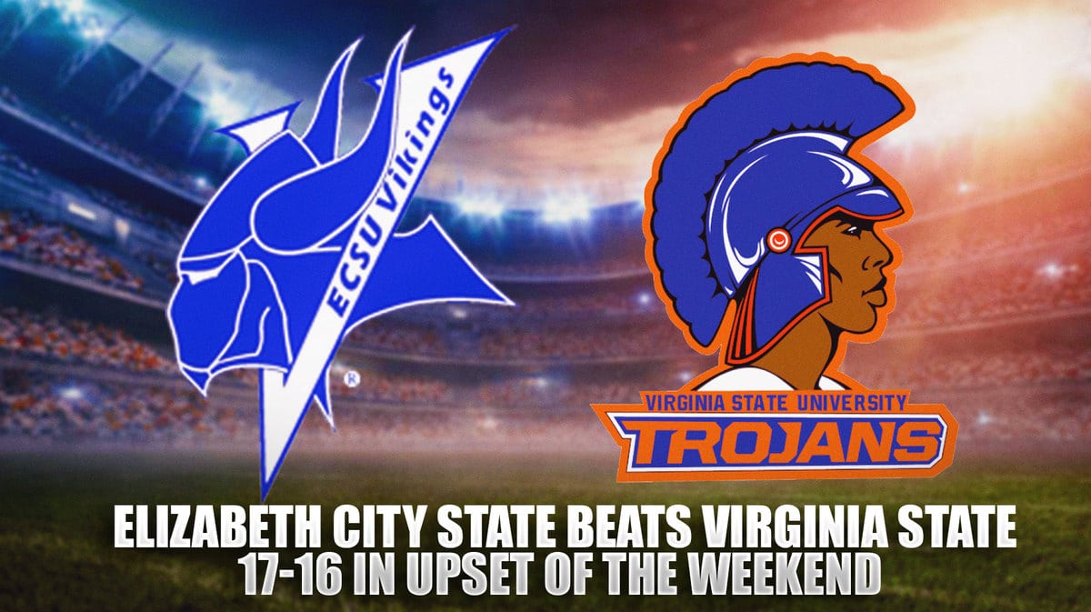 Elizabeth City State logo, Virginia State logo, football field in the background