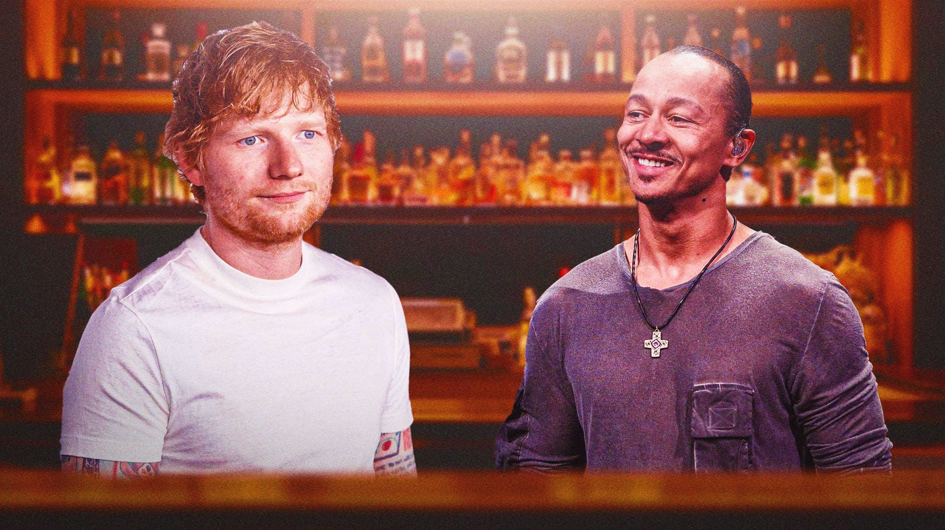 Ed Sheeran and the Grim Reaper Frédéric Yonnet in front of a bar.