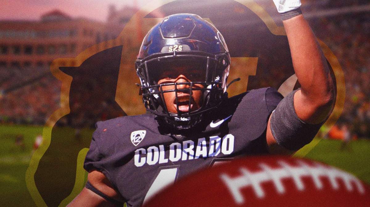 Colorado football star Jordan Domineck in front of Folsom Field.