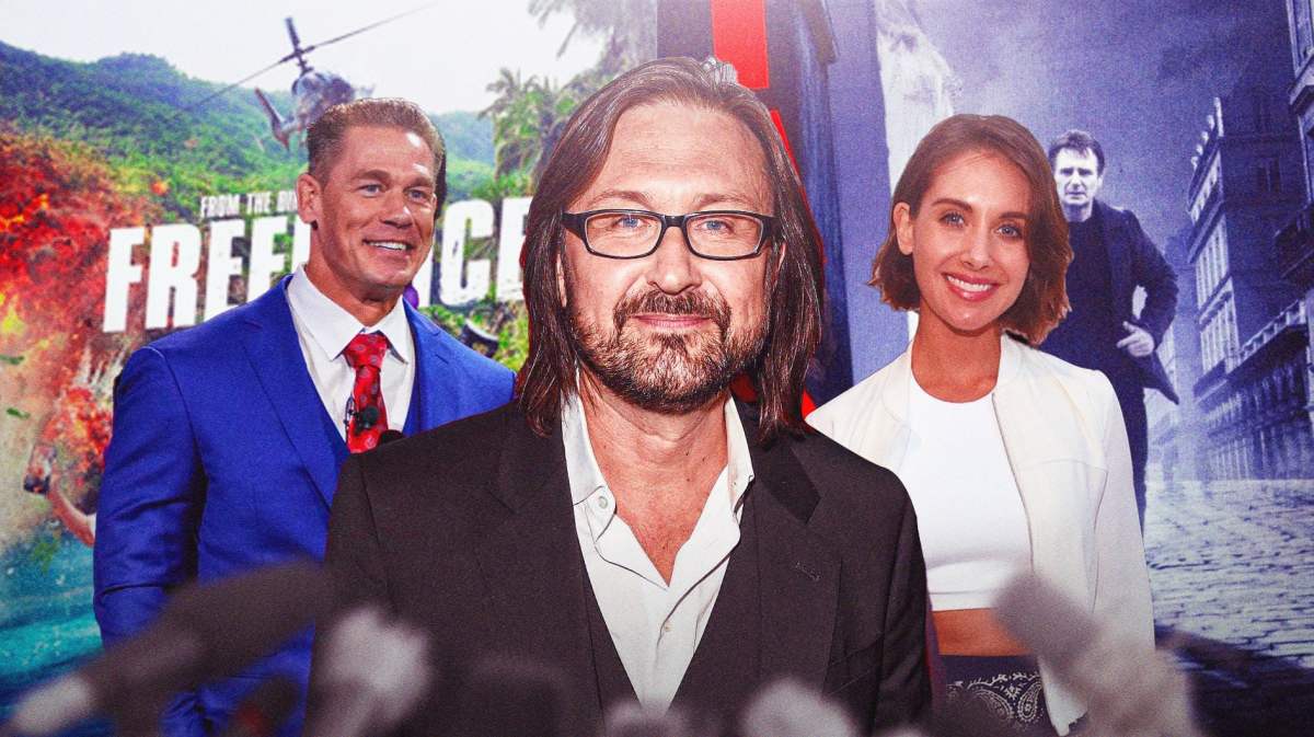 John Cena, Pierre Morel, Alison Brie in front of Freelance and Taken posters.