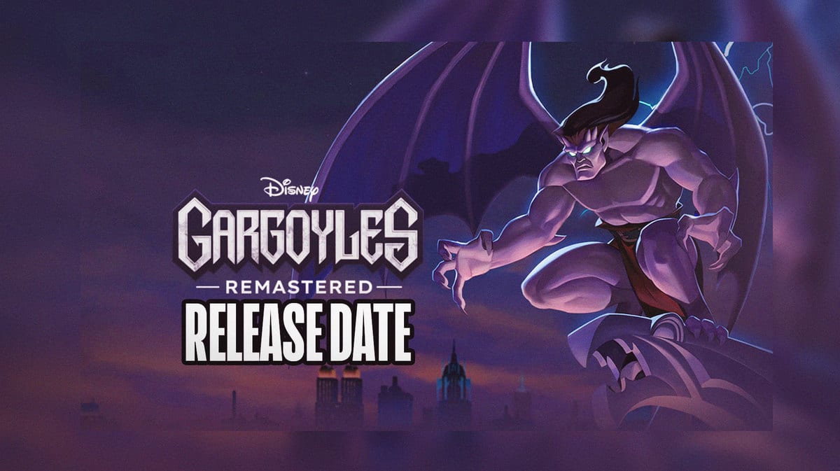 Gargoyles Remastered Key Visual showing Goliath perching on a tower and saying the words Release Date beneath the game logo for an article ablout Gargoyles Remastered Release Date Gameplay Story Details