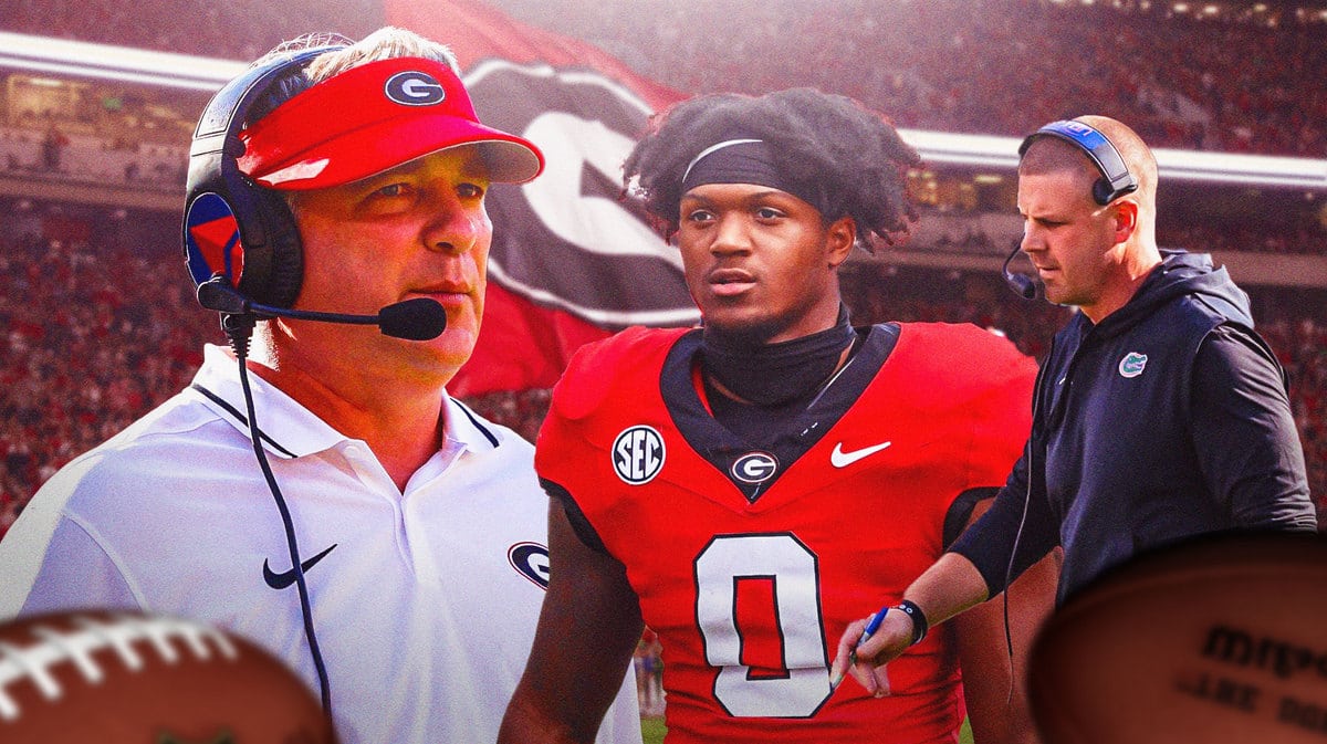 Georgia HC Kirby Smart looking at RB Roderick Robinson and Florida HC Billy Napier.