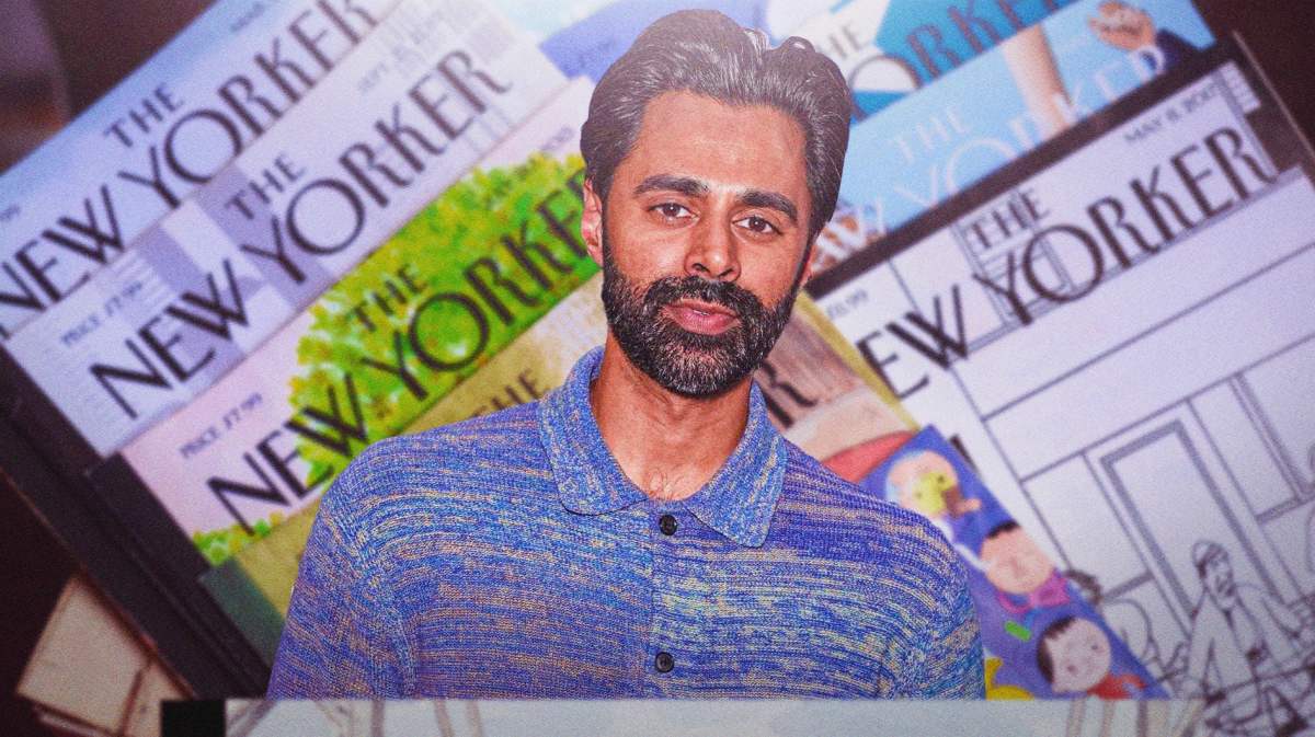 Hasan Minhaj with issues of the New Yorker behind him.
