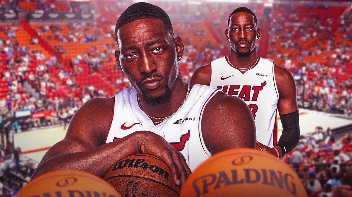 Miami Heat big man Bam Adebayo in front of the Kaseya Center.