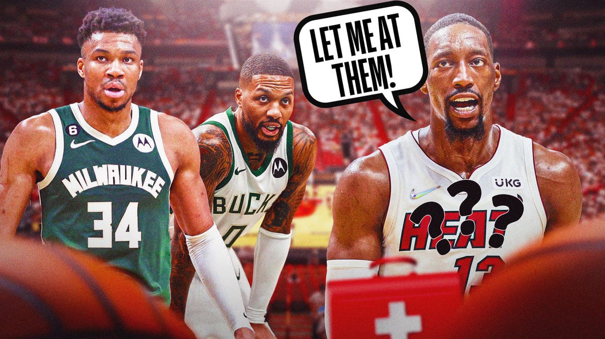 Heat center Bam Adebayo saying "let me at them" next to Giannis Antetokounmpo, Damian Lillard