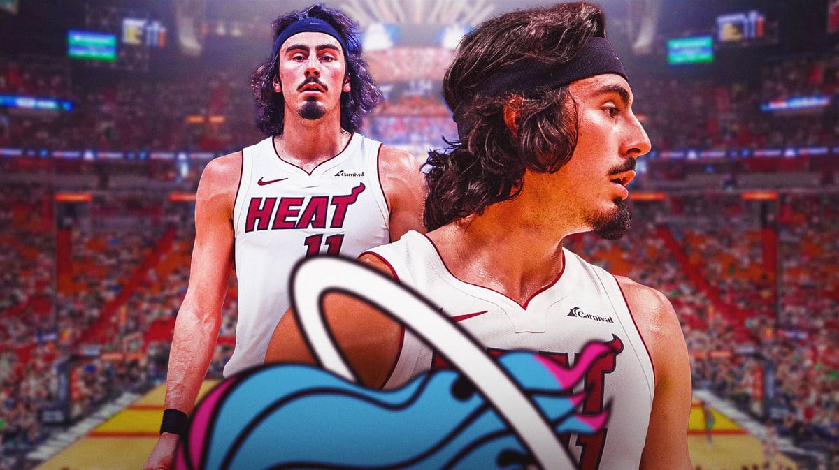 Miami Heat rookie Jaime Jaquez Jr. in front of the Kaseya Center.