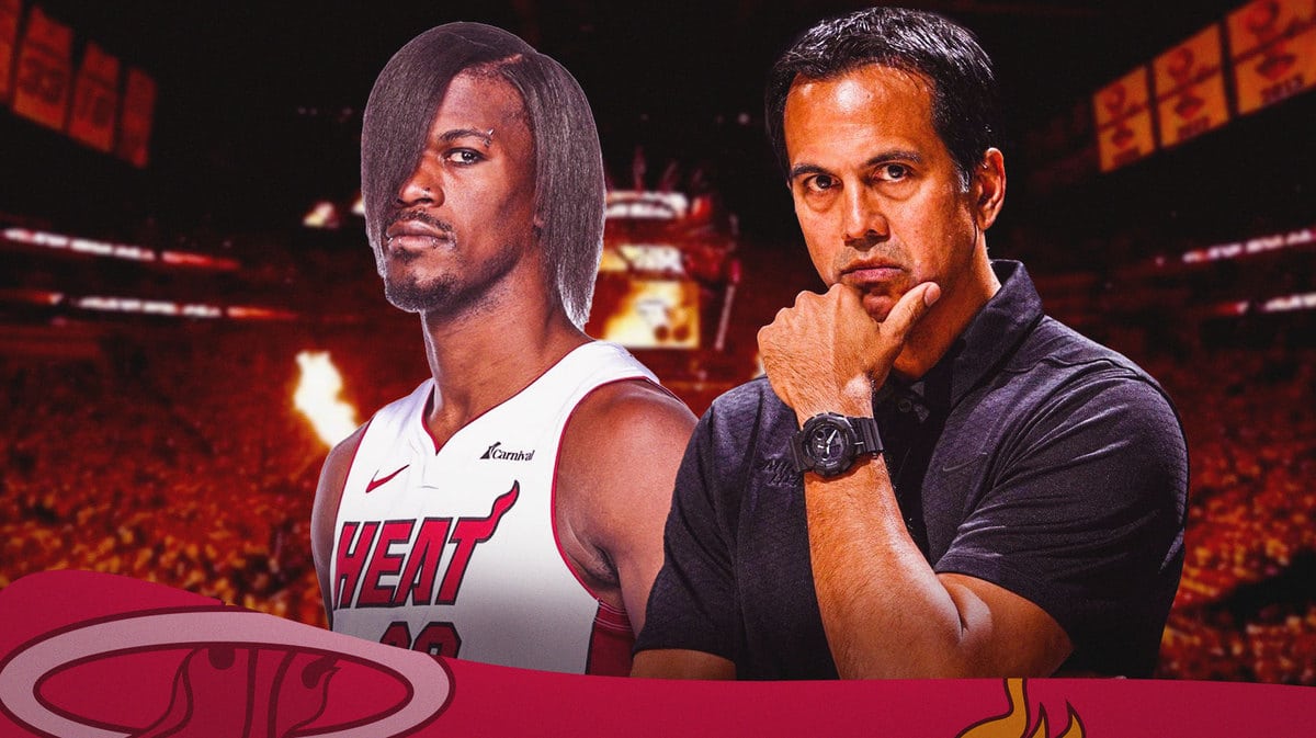 Miami Heat forward Jimmy Butler and head coach Erik Spoelstra in front of Kaseya Center.