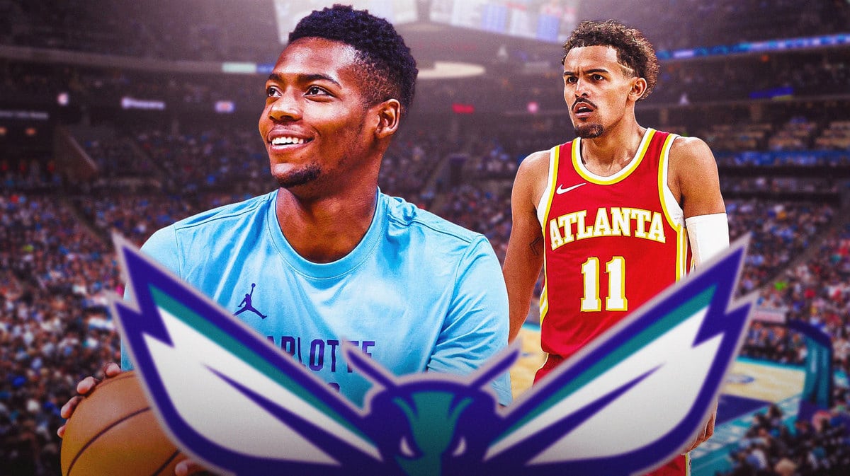 Brandon Miller smiling, Trae Young looking angry.