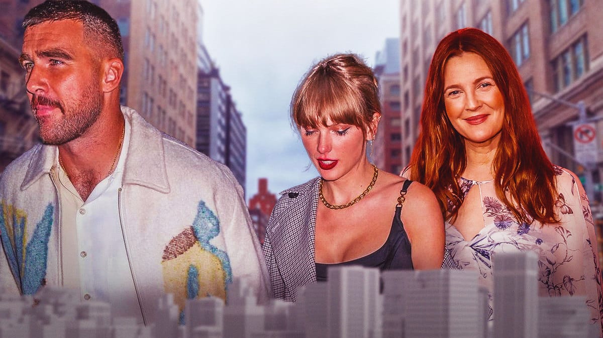 Travis and Taylor holding hands and Drew Barrymore smiling.