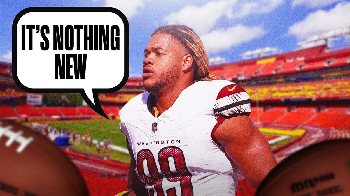 Washington Commanders' Chase Young and speech bubble “It’s Nothing New”
