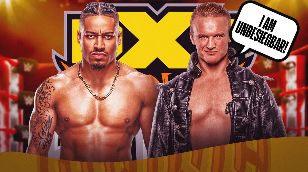 Ilja Dragunov with a text bubble reading “I am Unbesiegbar!” next to Carmelo Hayes with the Halloween Havoc logo as the background.