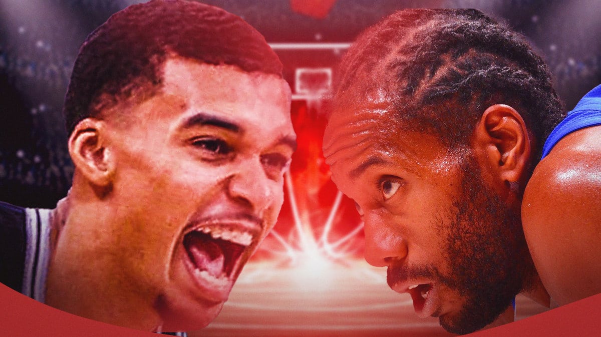 Spurs' Victor Wembanyama looking at Clippers' Kawhi Leonard