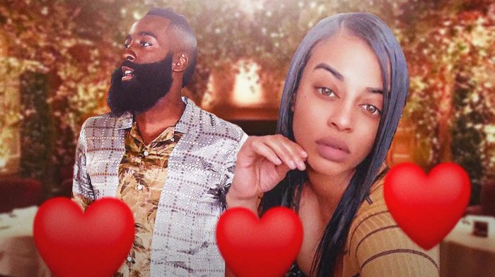 James Harden and Jessyka Janshel surrounded by hearts.