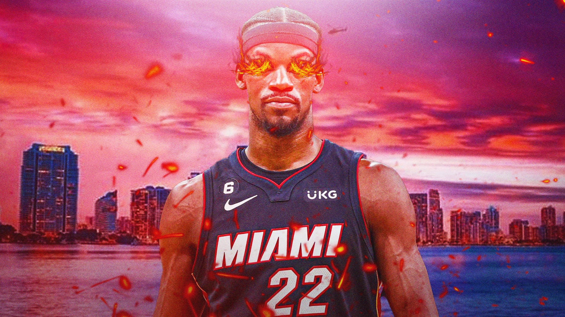 Miami Heat star Jimmy Butler with fire in his eyes in front of the city of Miami.