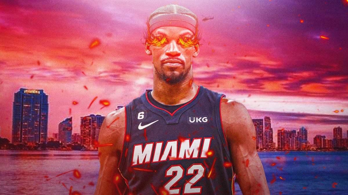 Miami Heat star Jimmy Butler with fire in his eyes in front of the city of Miami.