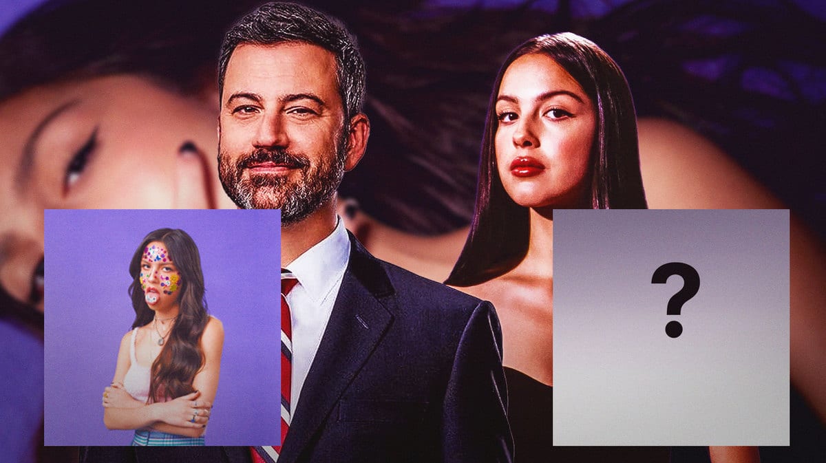 Jimmy Kimmel and Olivia Rodrigo with Sour and Guts album covers and a mystery album title.