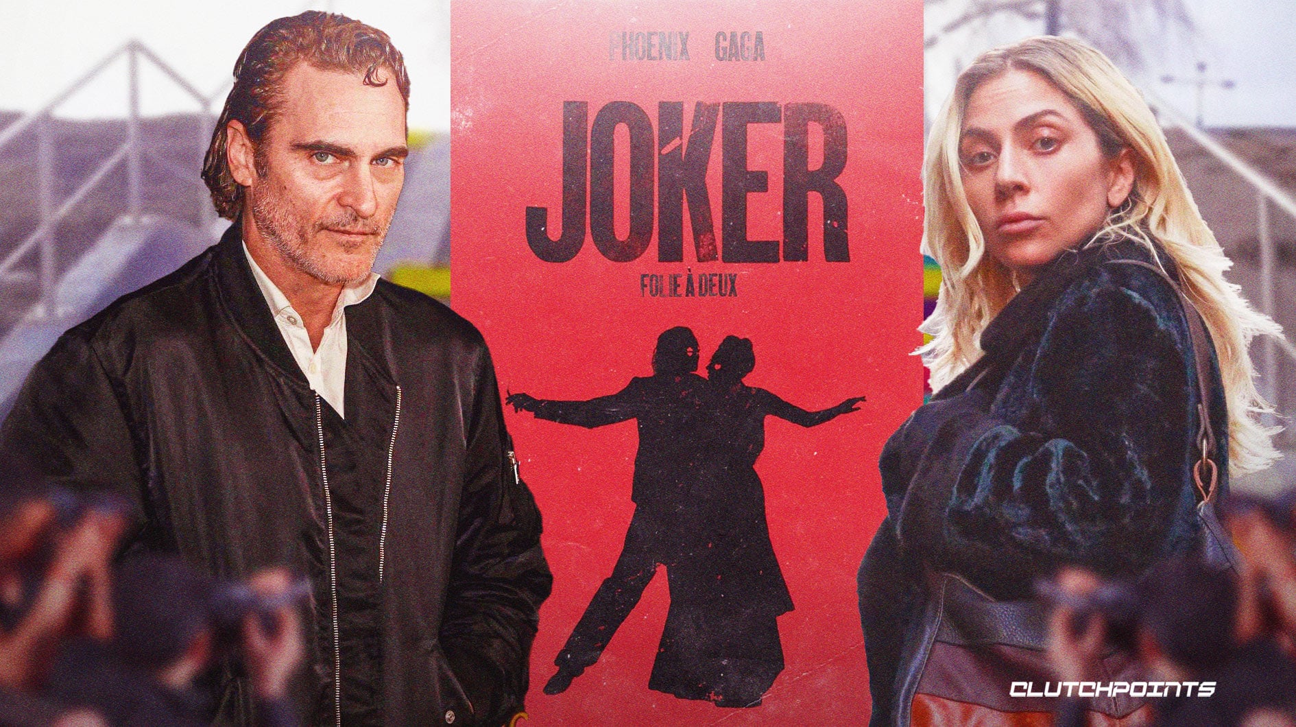 Joker sequel poster (Folie à Deux), Joaquin Phoenix and Lady Gaga in front of Joker steps.