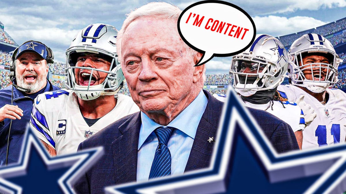 Jerry Jones saying “I’m content”, have Dak Prescott, Mike McCarthy, CeeDee Lamb, Micah Parsons behind him in Cowboys gear