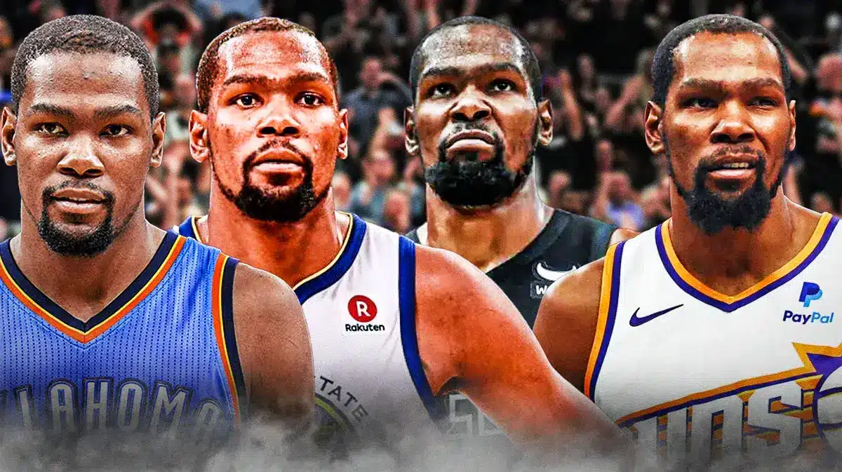 Kevin Durant in jerseys for the Thunder, Warriors, Nets and Suns.