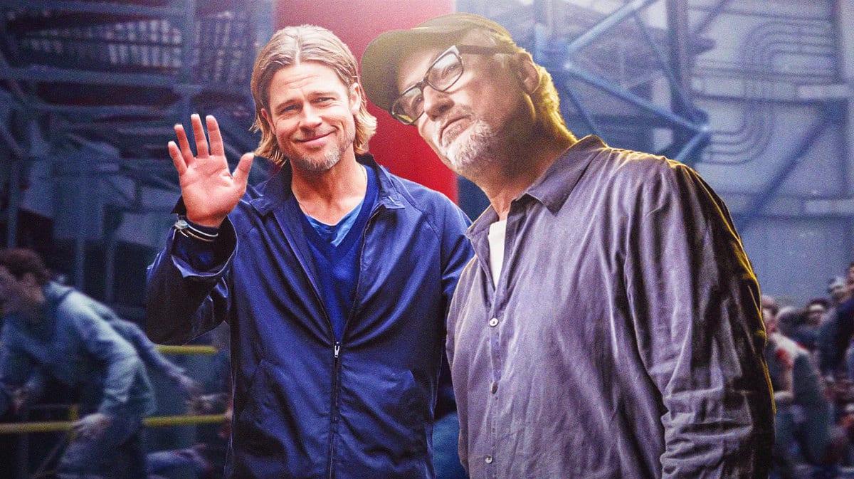 David Fincher and Brad Pitt with zombies from World War Z in the background.