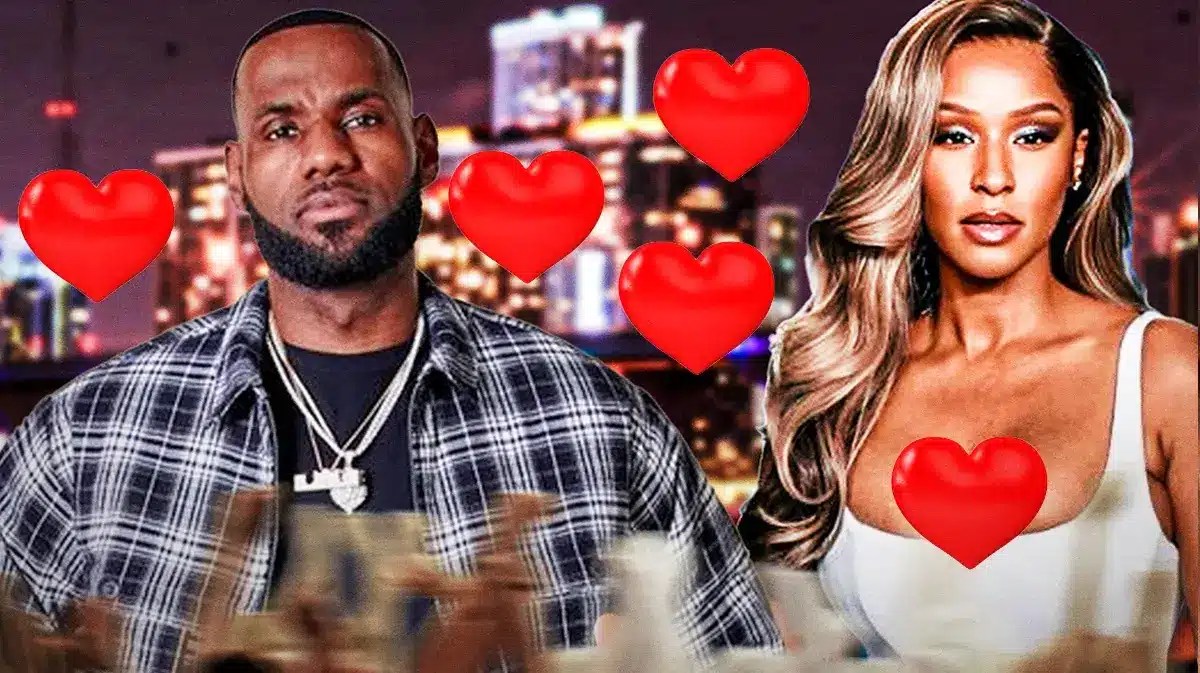 LeBron James and Savannah Brinson surrounded by hearts.