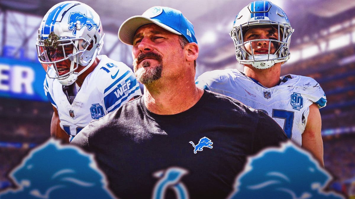 Detroit Lions head coach Dan Campbell, receiver Amon-Ra St. Brown and defensive end Aidan Hutchinson in Ford Field.
