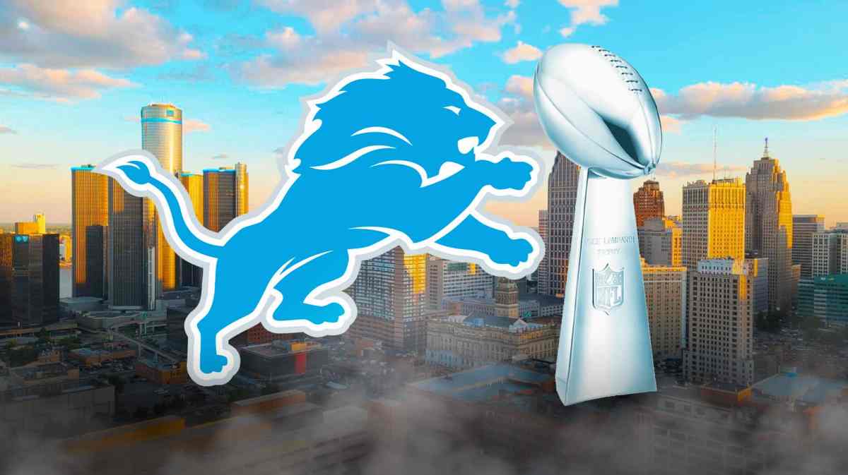 Detroit, Lions, Lions Super Bowl, Lions Super Bowl AI, Lions AI,Lions logo and Super Bowl trophy with Detroit skyline in the background