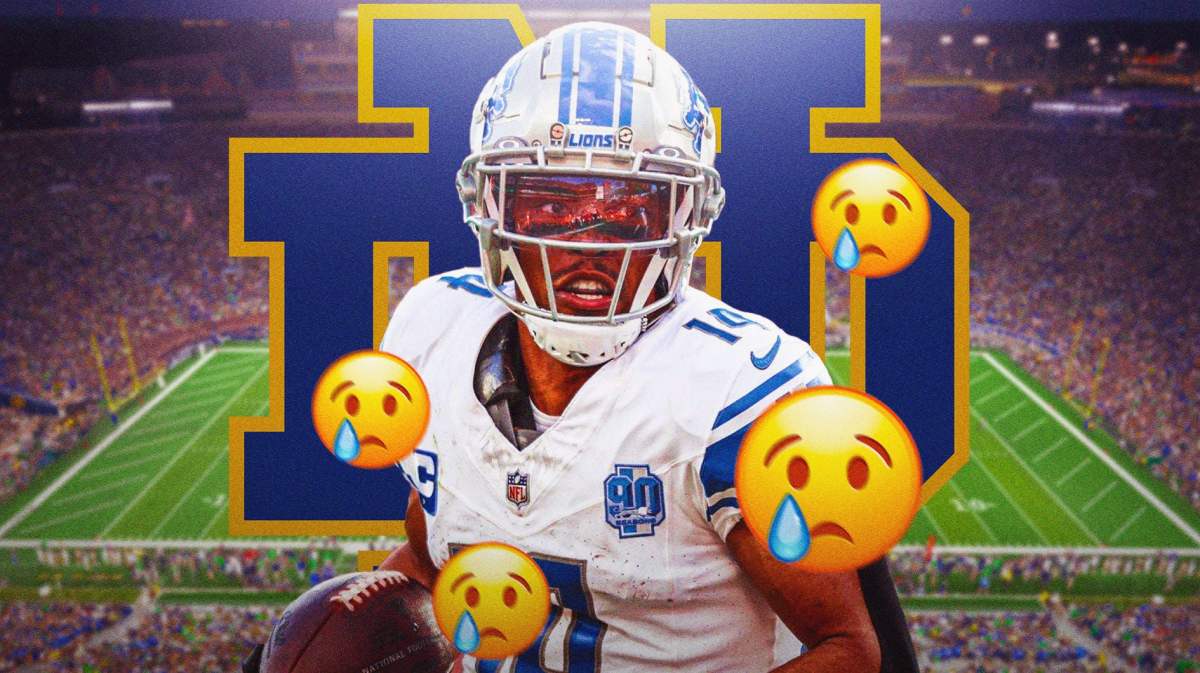 Lions Amon-Ra St. Brown in front of a Notre Dame logo