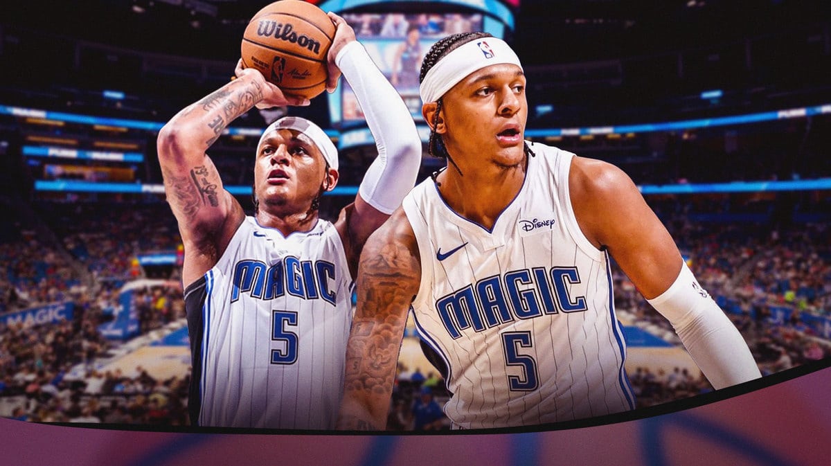 Paolo Banchero featured twice: shooting a basketball inside the Amway Center