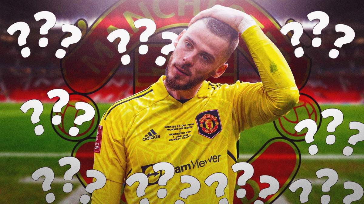 David de Gea in front of the Manchester United logo with questionmarks in the air