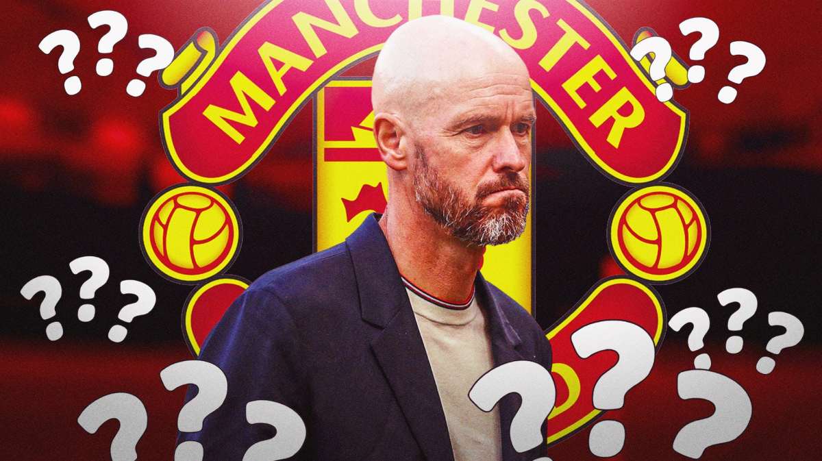 Erik ten Hag in front of the Manchester United logo, questionmarks in the air