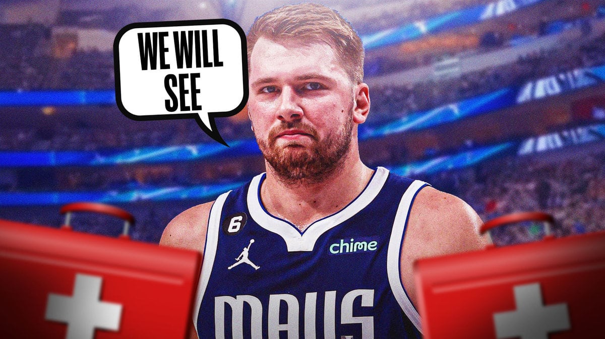 Mavs Luka Doncic saying "we'll see" with red medical symbols around him.