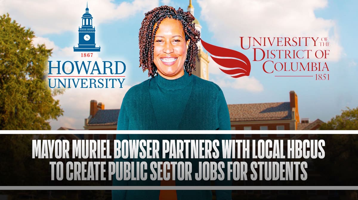 DC Mayor Muriel Bowser, Howard University logo, University of the District of Columbia, Howard University logo in the background
