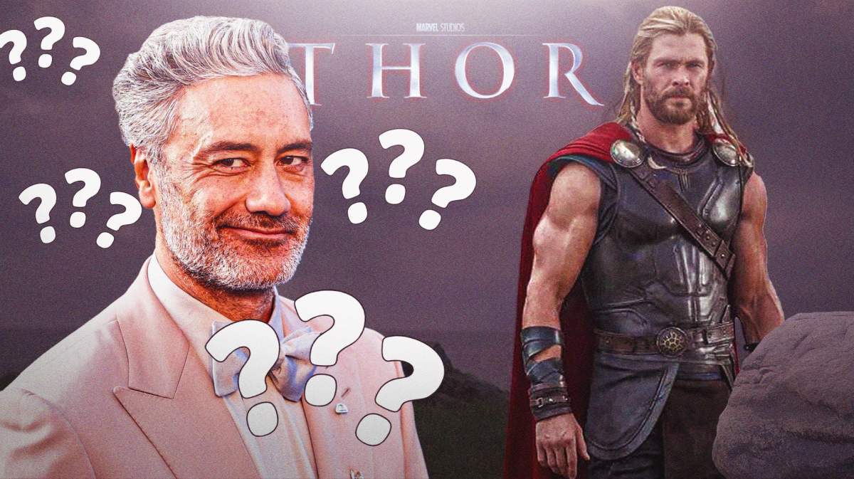 Taika Waititi and Chris Hemsworth in front of MCU Thor logo.