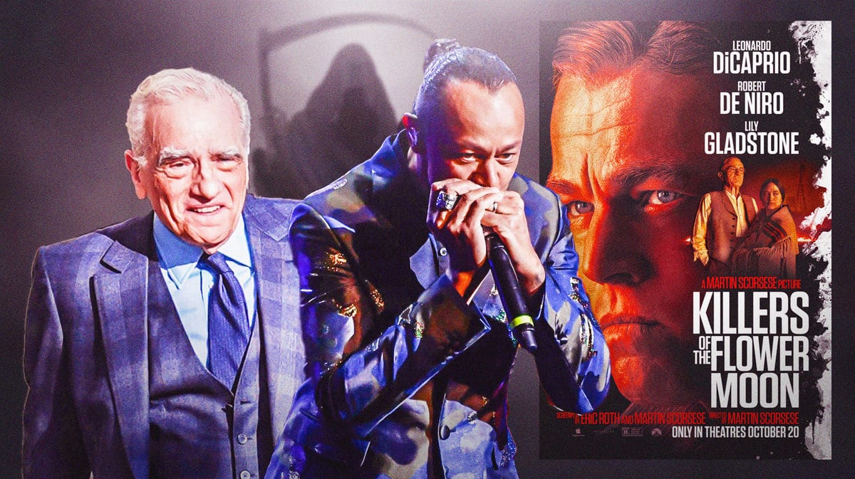 Martin Scorsese and Frédéric Yonnet next to Killers of the Flower Moon poster and Grim Reaper in background.