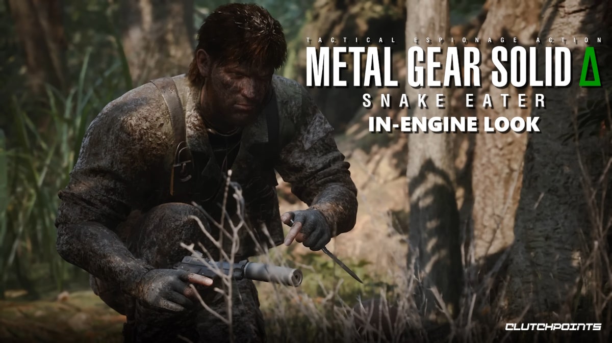 mgs3 remake in-engine, mgs3 remake gameplay, mgs3 remake, mgs3 in-engine gameplay, mgs3, a screenshot from the in-game engine reveal for the Metal Gear Solid 3 Remake featuring a crouching Snake with the game logo and the text In-Engine Look to the right